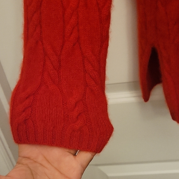 Precious Fibers Cashmere Sweater Red Cable Knit Stretchy Side Slits Medium - Picture 4 of 9